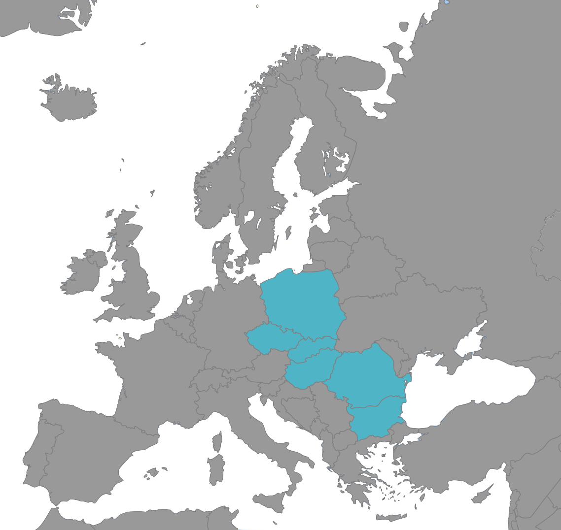 Grey map of Europe showing  Hungary, Poland, Czechia, Romania, and Bulgaria in blue for RP-CRO clinical operations.