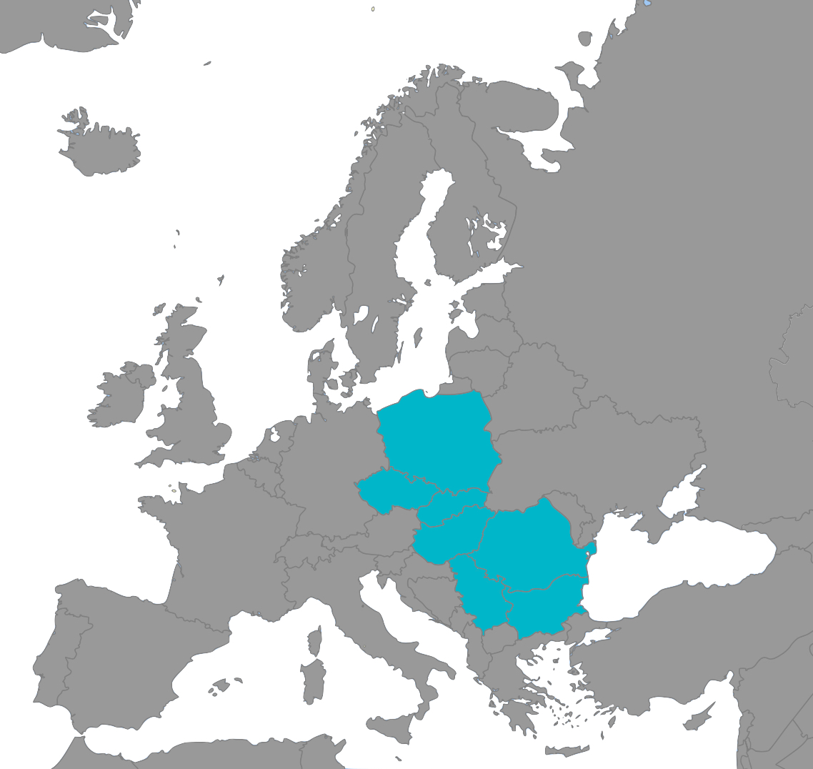 Grey map of Europe showing  Hungary, Poland, Czechia, Romania, and Bulgaria in blue for RP-CRO clinical operations.